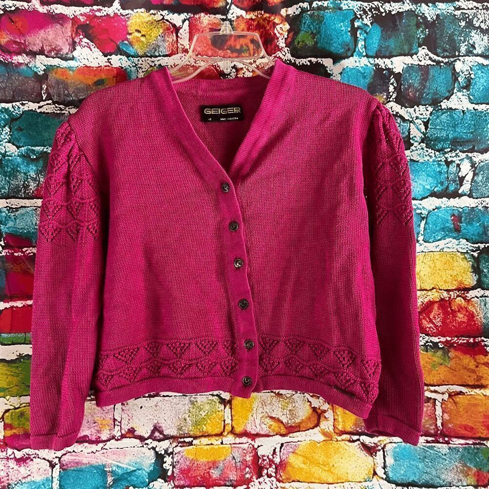 Vintage Geiger Cotton Cardigan Style Sweater Brass Tone Dove Buttons Size 40